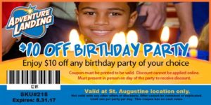 $10 Off Birthday Party Coupon | Adventure Landing Family Entertainment Center | St. Augustine, FL
